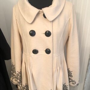 Cream and Black Embroidered European Luxury Wool Coat